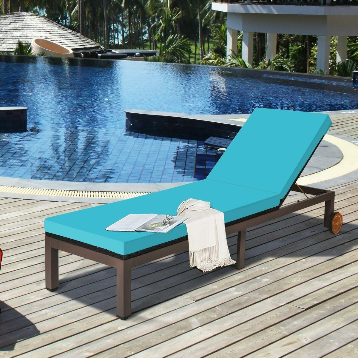 Outdoor Wicker Chaise Lounge Recliner with 5-Position Adjustment - Turquoise