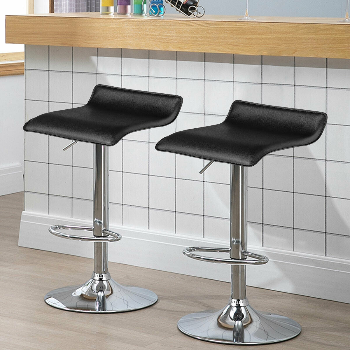 Adjustable PU Leather Bar Stools Set of 2 - Black