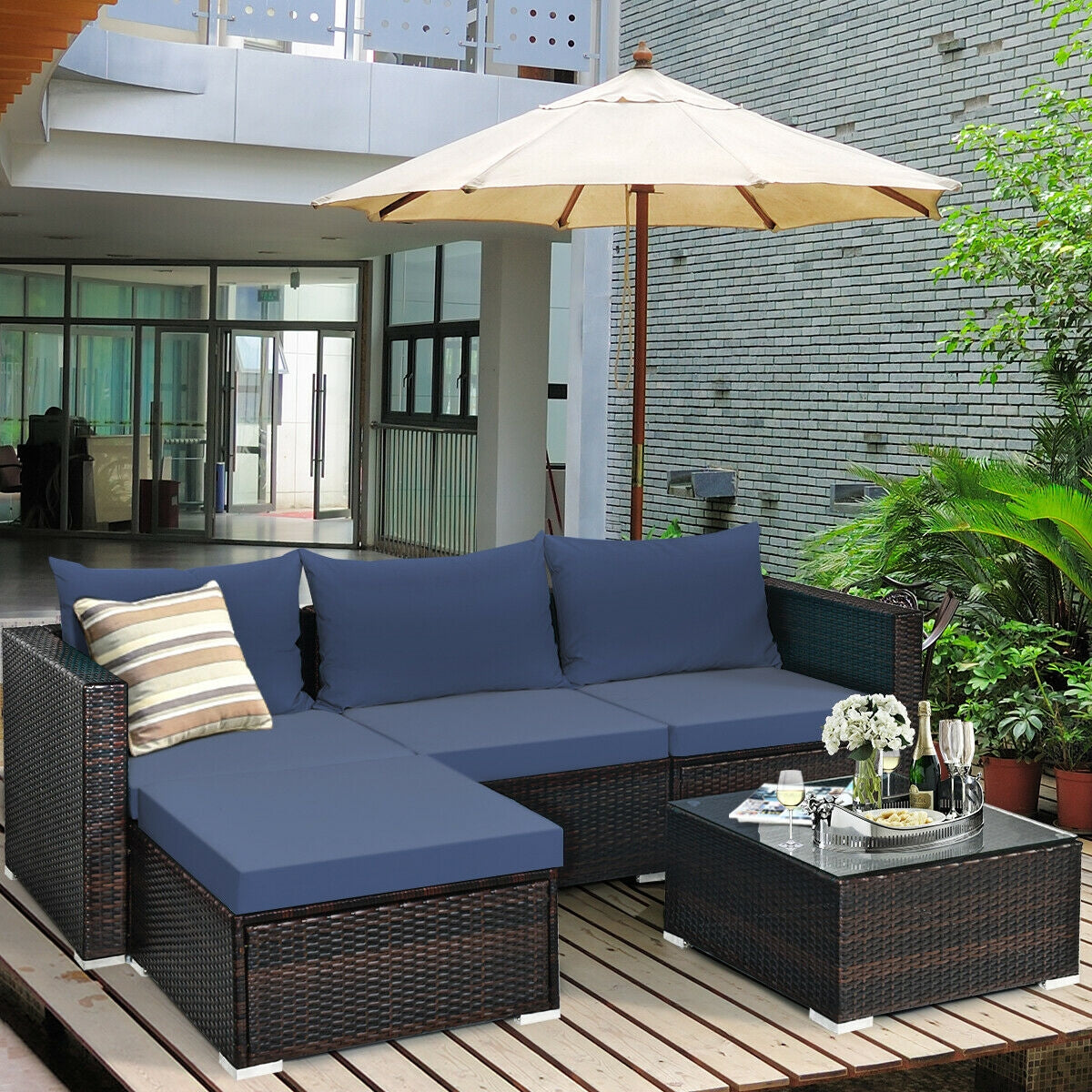 5 Pieces Patio Rattan Sectional Furniture Set with Cushions and