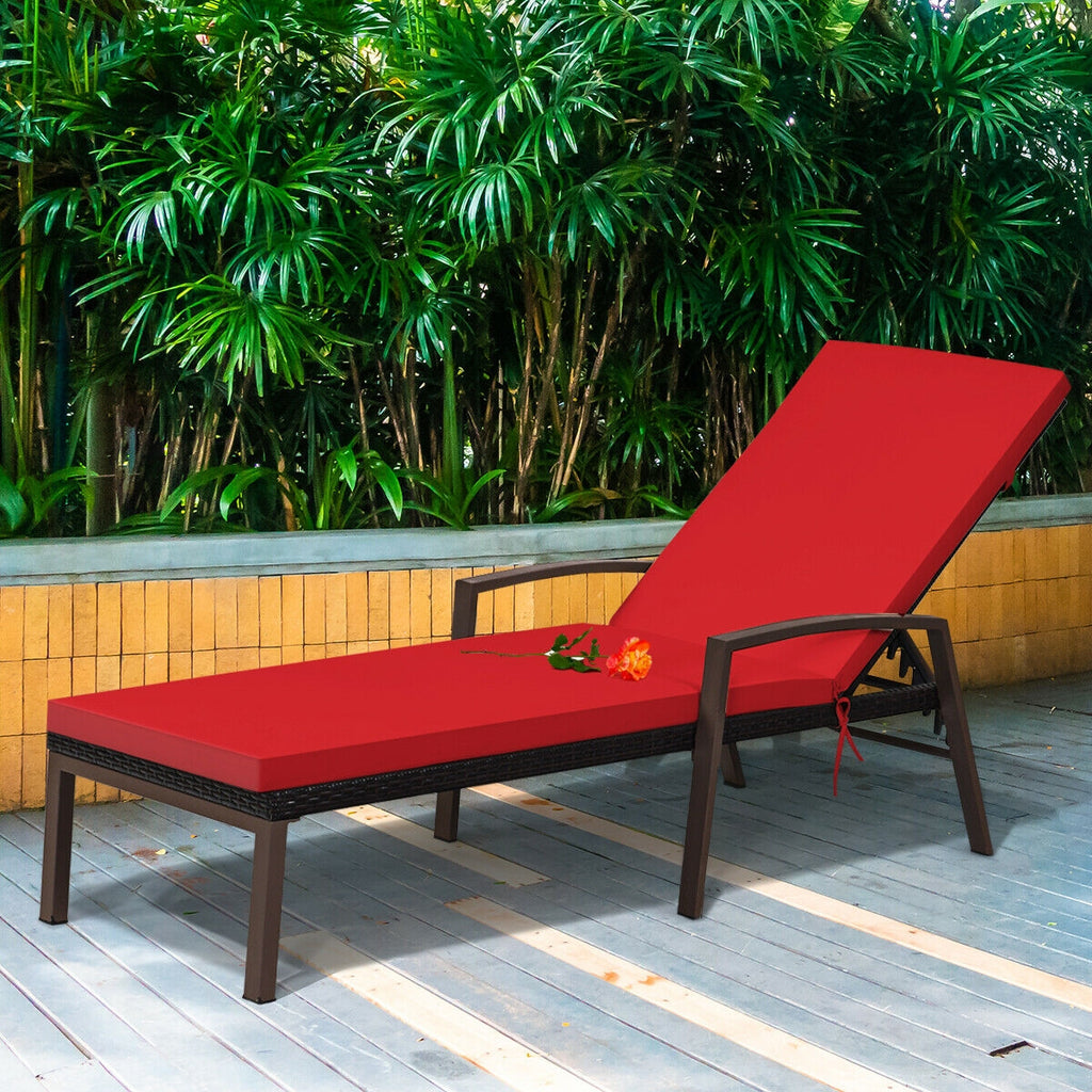 Outdoor Rattan Reclining Lounge Chair with Adjustable Backrest - Red