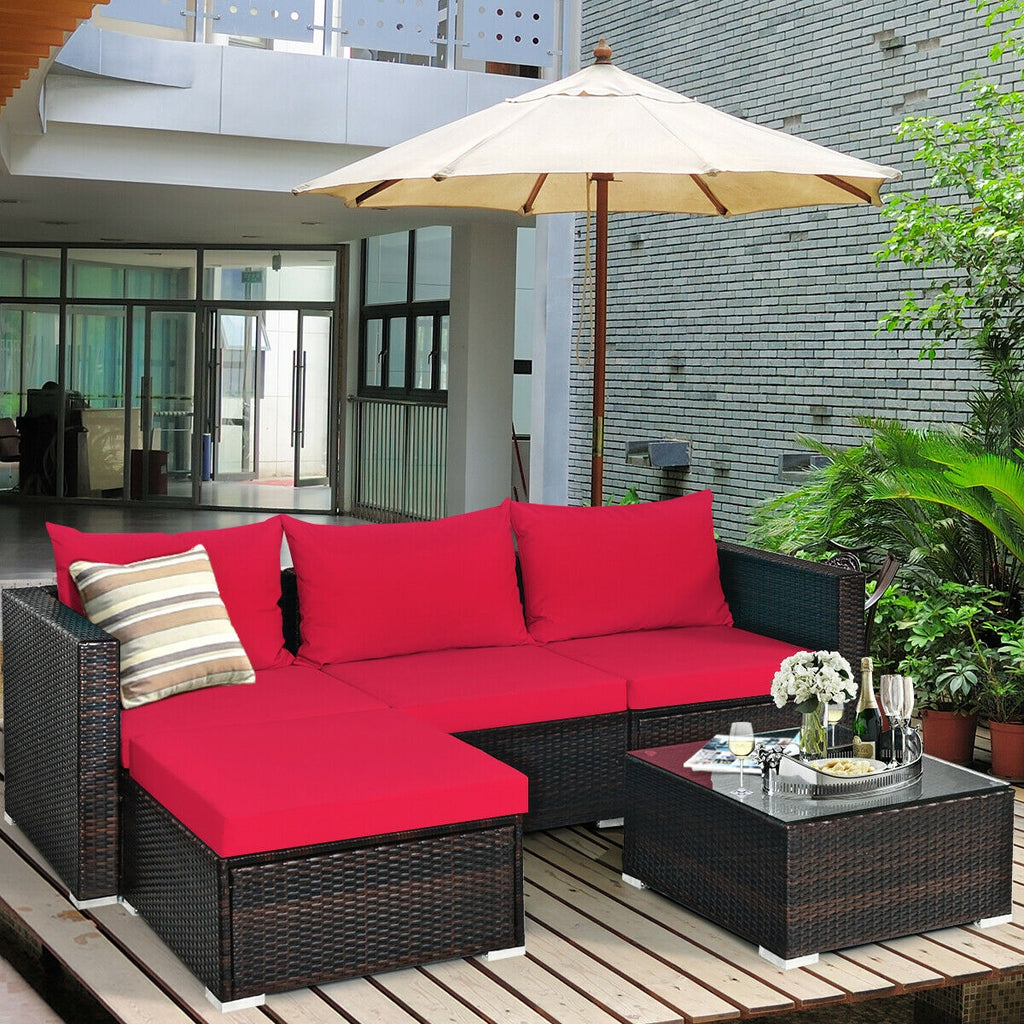 5 Pieces Patio Rattan Sectional Furniture Set with Cushions and