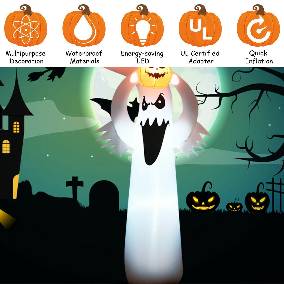 6 Feet Halloween Inflatable Ghost with Pumpkin and LED Lights - Outdoor Decor
