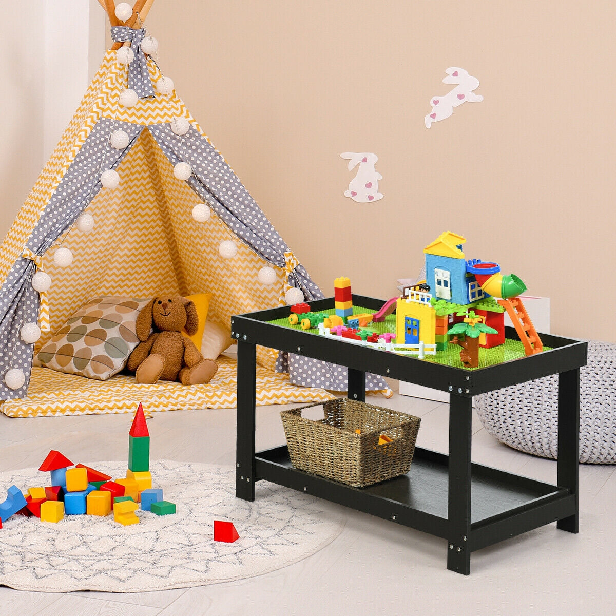 Building Brick Table - Dark Brown Kids Activity Play Table with Storage