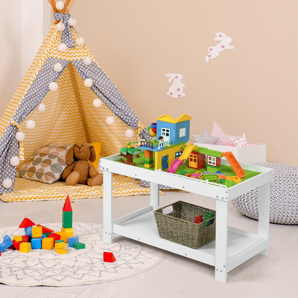 Kids Building Brick Play Table - White, Multifunctional Wooden Activity Table for Children