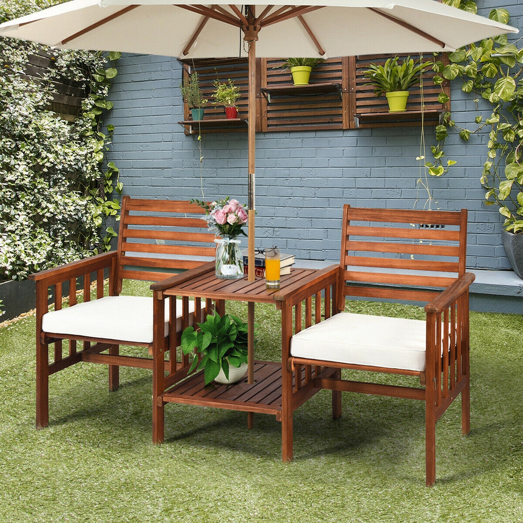 3-Piece Outdoor Loveseat Set with Coffee Table - Acacia Wood, Red
