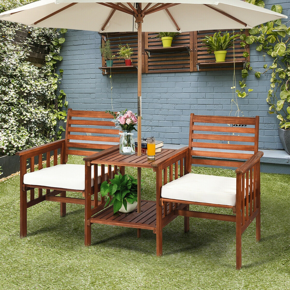 3-Piece Outdoor Loveseat Set with Coffee Table - Acacia Wood, Red