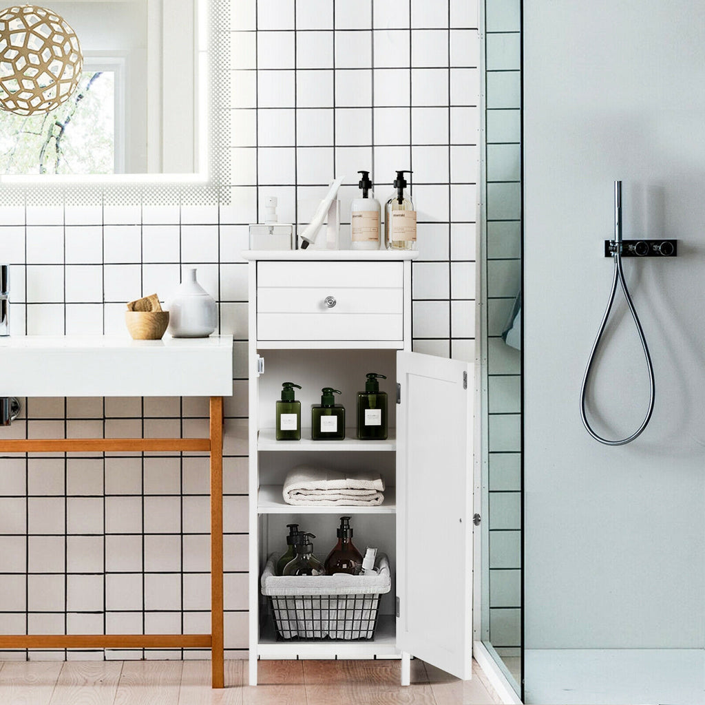 Wooden Bathroom Floor Storage Cabinet with Drawer and Adjustable Shelf