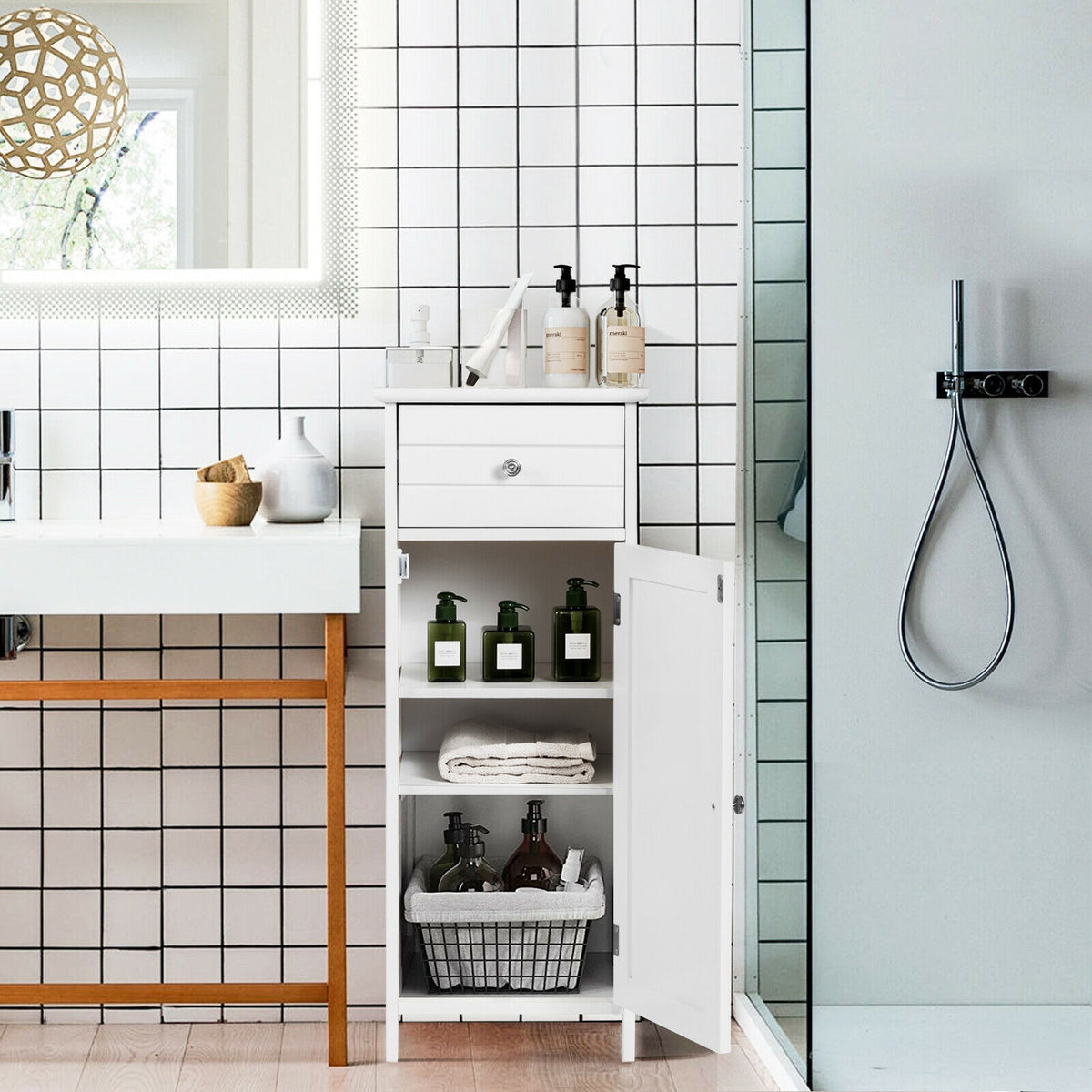 Wooden Bathroom Floor Storage Cabinet with Drawer and Adjustable Shelf