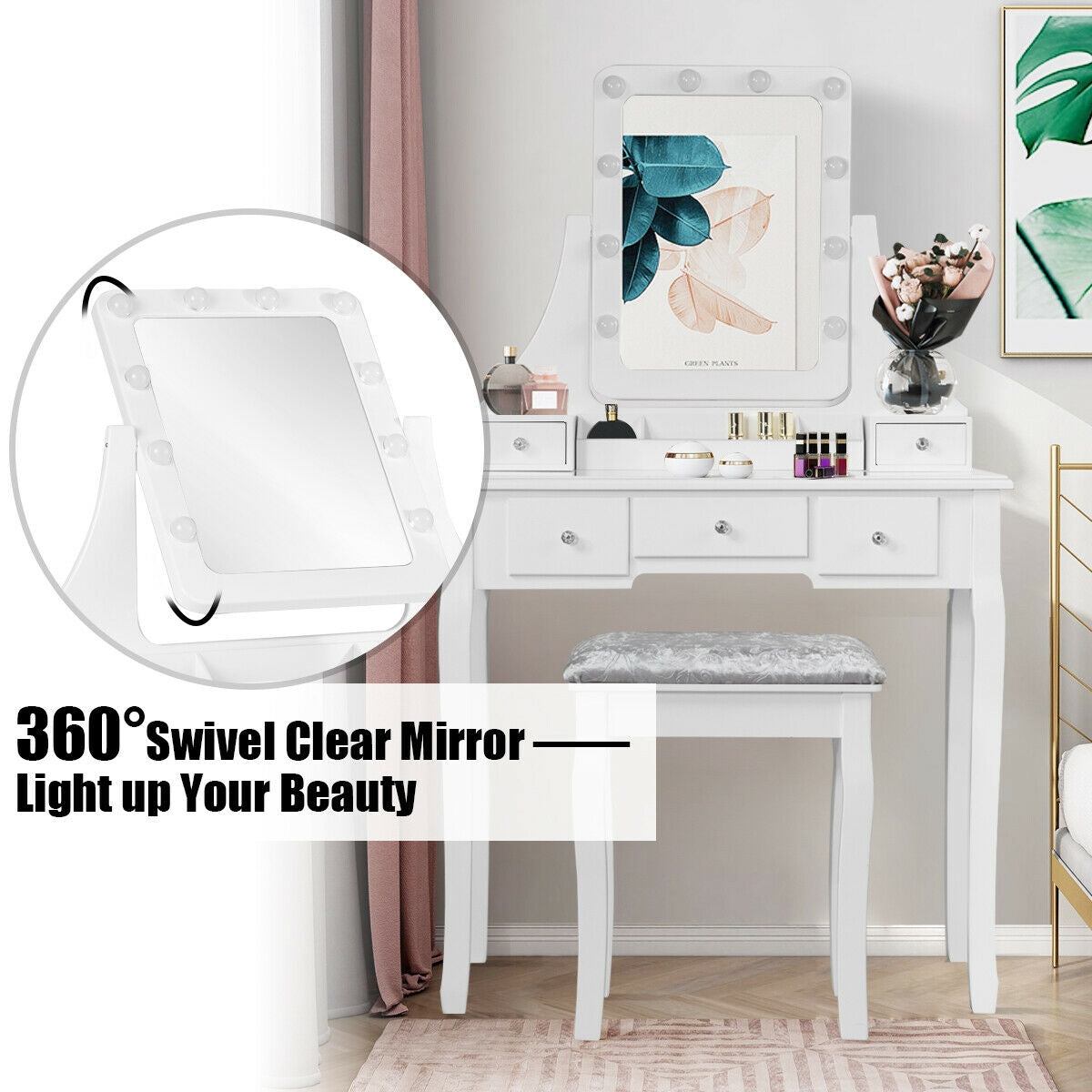Dressing Table with 10 Dimmable Bulbs and Cushioned Stool, White