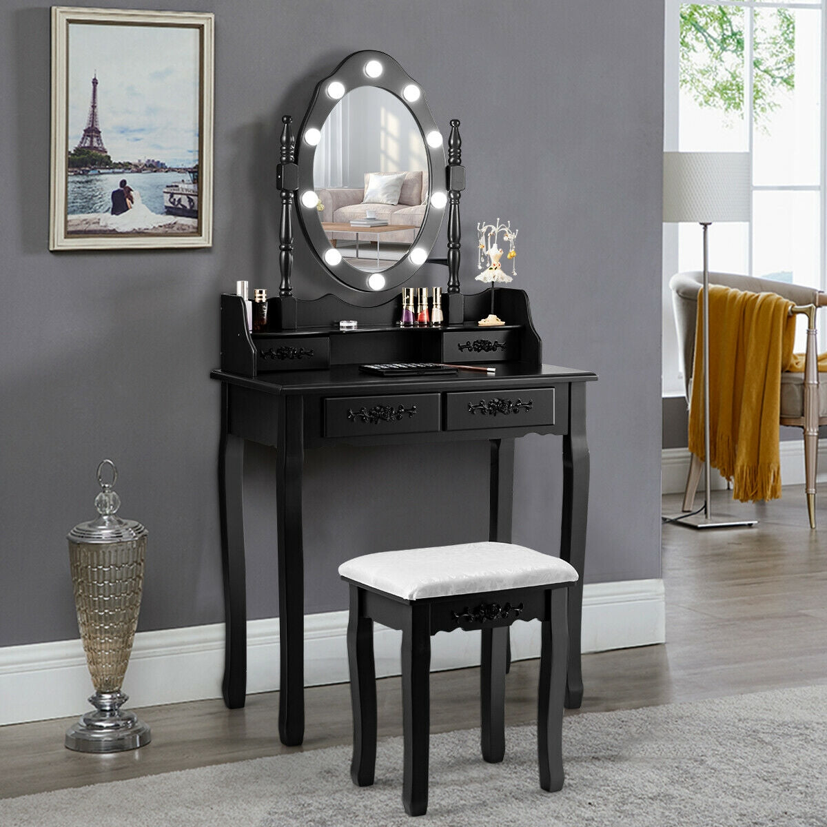 Makeup Vanity Dressing Table with Dimmable Bulbs & Stool - Round, White