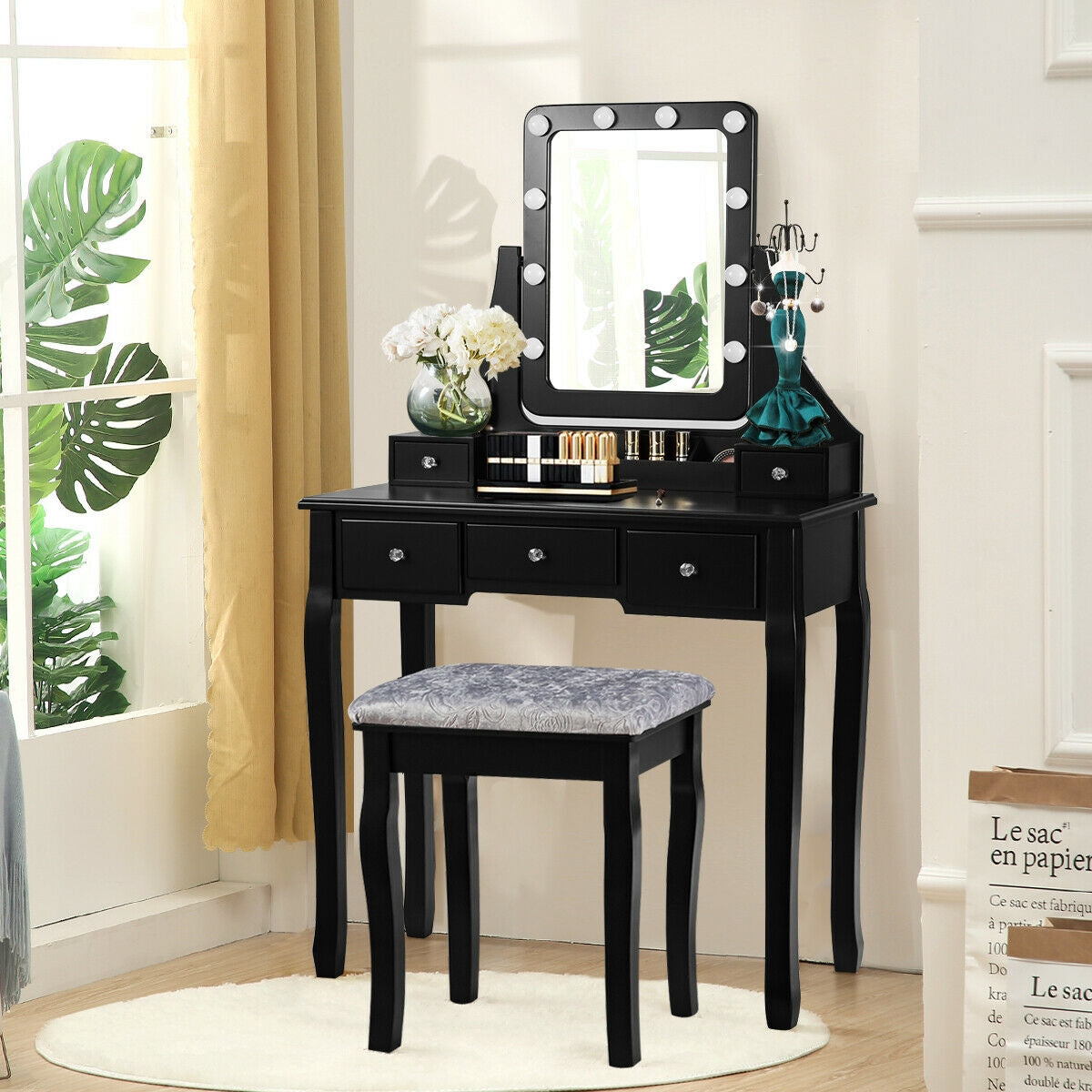 Vanity Dressing Table Set with 10 Dimmable Bulbs and Stool, White