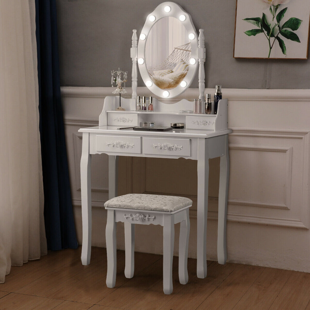 Makeup Vanity Dressing Table with Dimmable Bulbs & Stool - Round, White