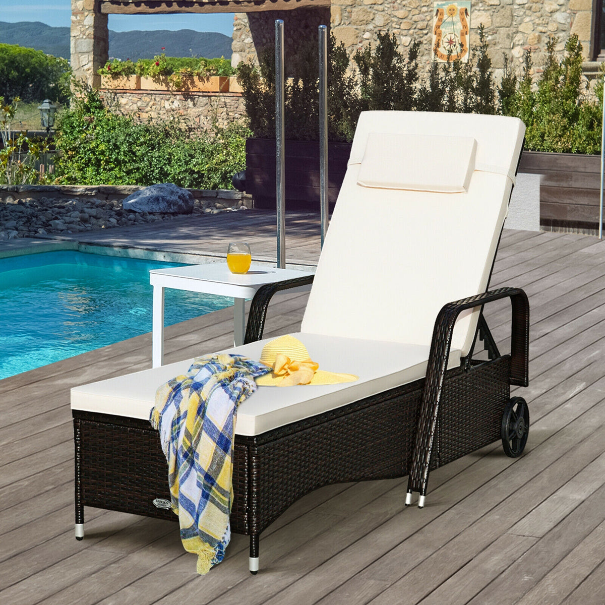 Patio Wicker Chaise Lounge Chair with Wheels - White