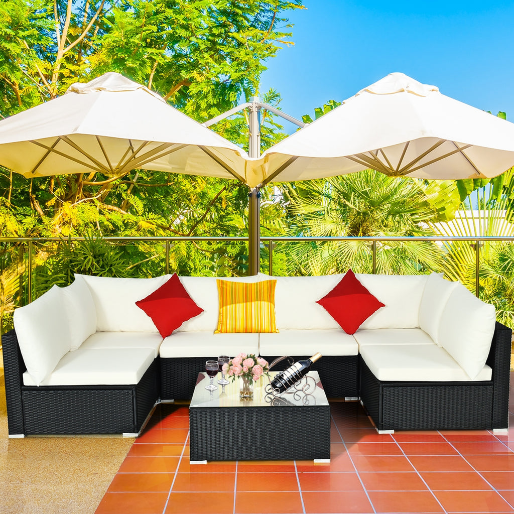 7-Piece Sectional Wicker Sofa Set with Coffee Table – Black Rattan, Beige