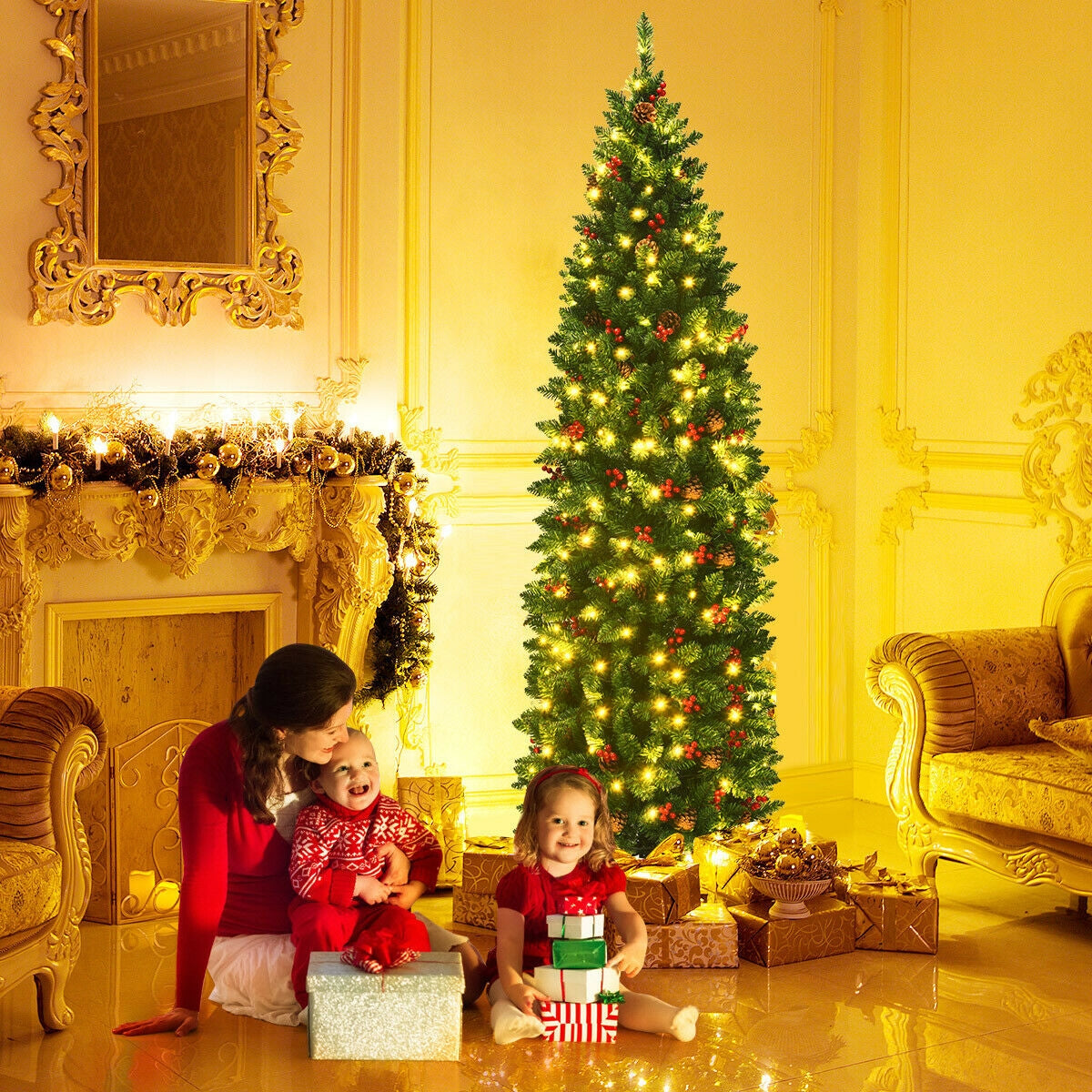 Pre-lit Artificial Christmas Tree 6.5Ft Slim Hinged Pencil Tree with Lights & Decorations
