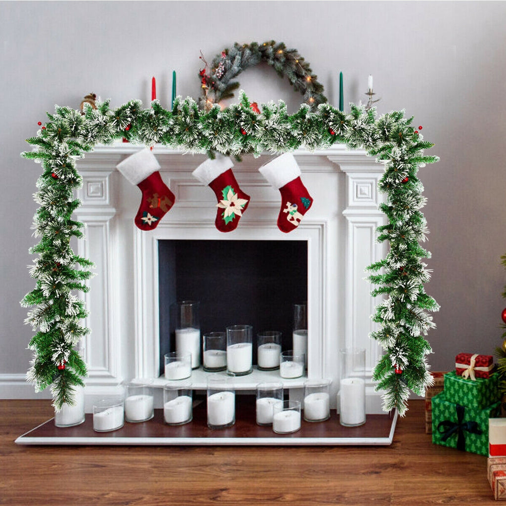 9 Feet Pre-lit Snow Flocked Christmas Garland with Red Berries - Indoor Outdoor Decor
