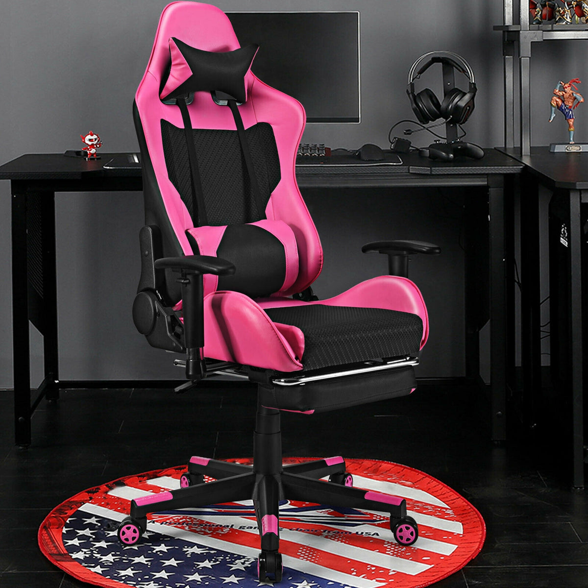 PU Leather Gaming Chair with USB Massage Lumbar Pillow, Footrest – Type-C, Pink
