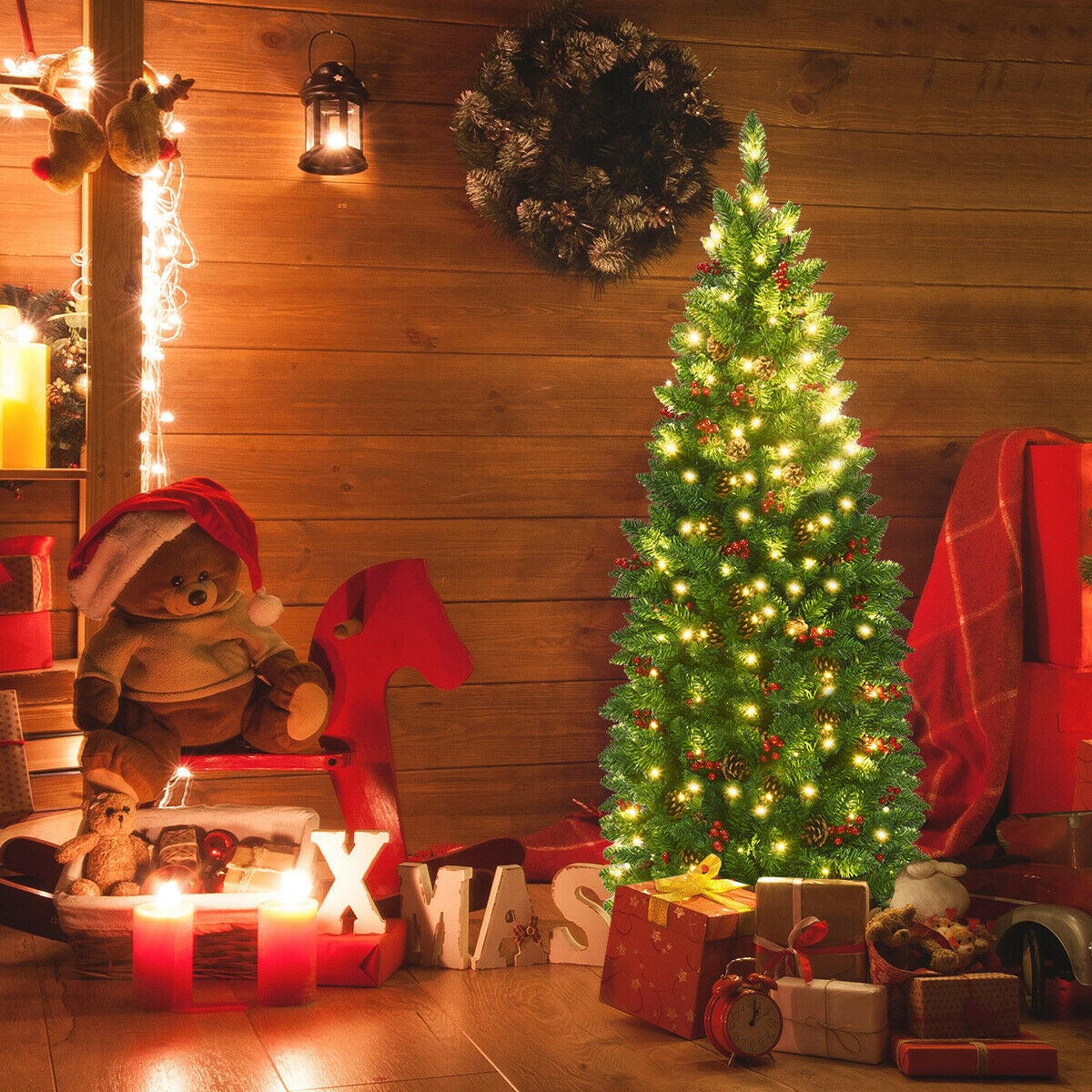 Pre-lit Hinged Pencil Christmas Tree with Pine Cones & Red Berries - 4.5 Feet