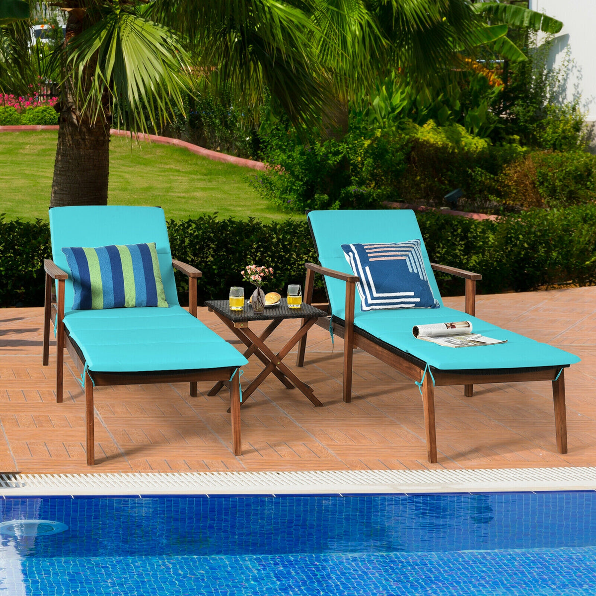 3 Pieces Portable Patio Cushioned Rattan Lounge Chair Set with