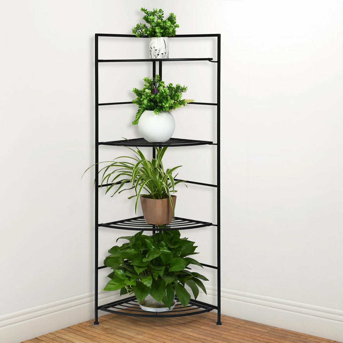 4-Tier Folding Metal Plant Stand with Storage Shelves