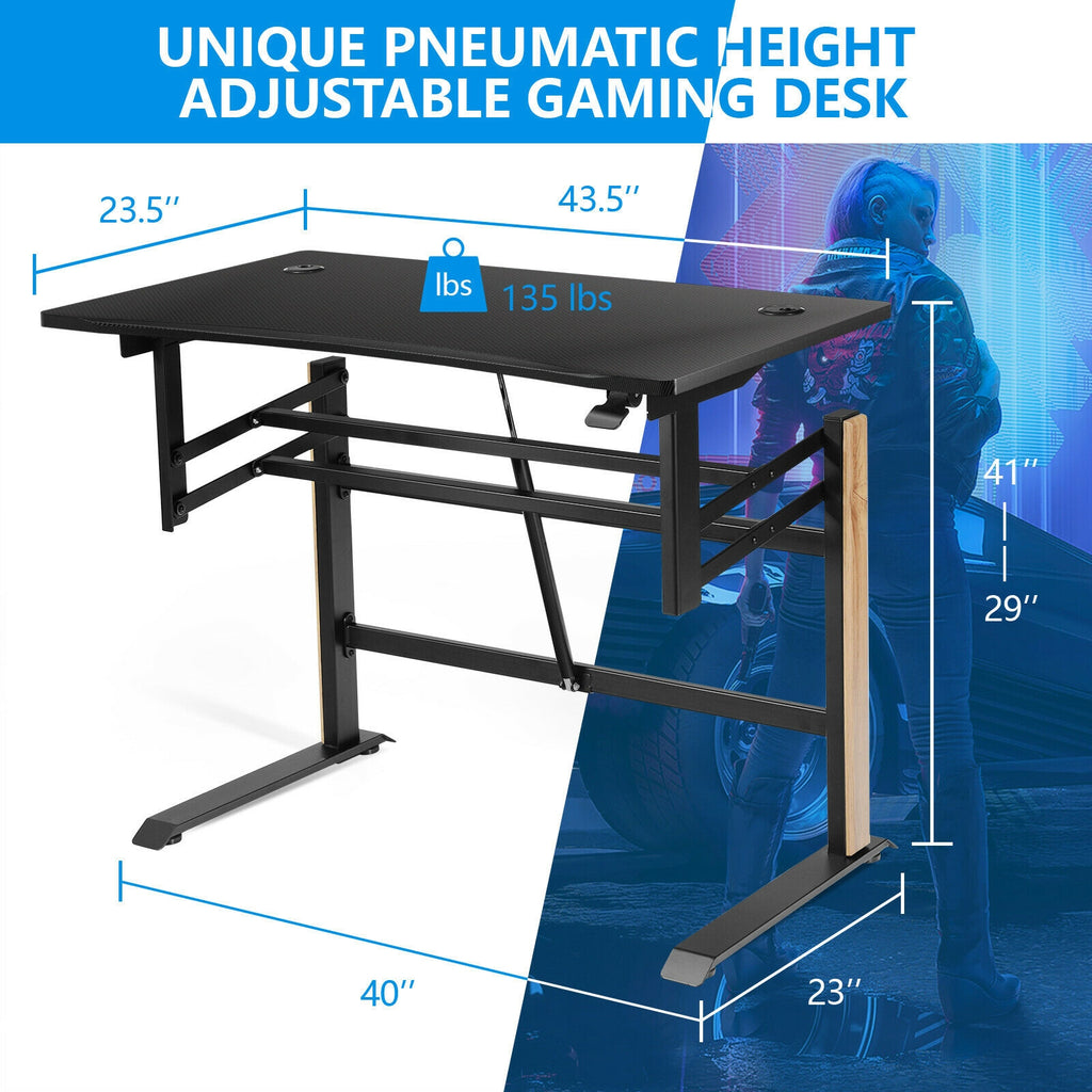 Pneumatic Height Adjustable Gaming Desk T Shaped - Black