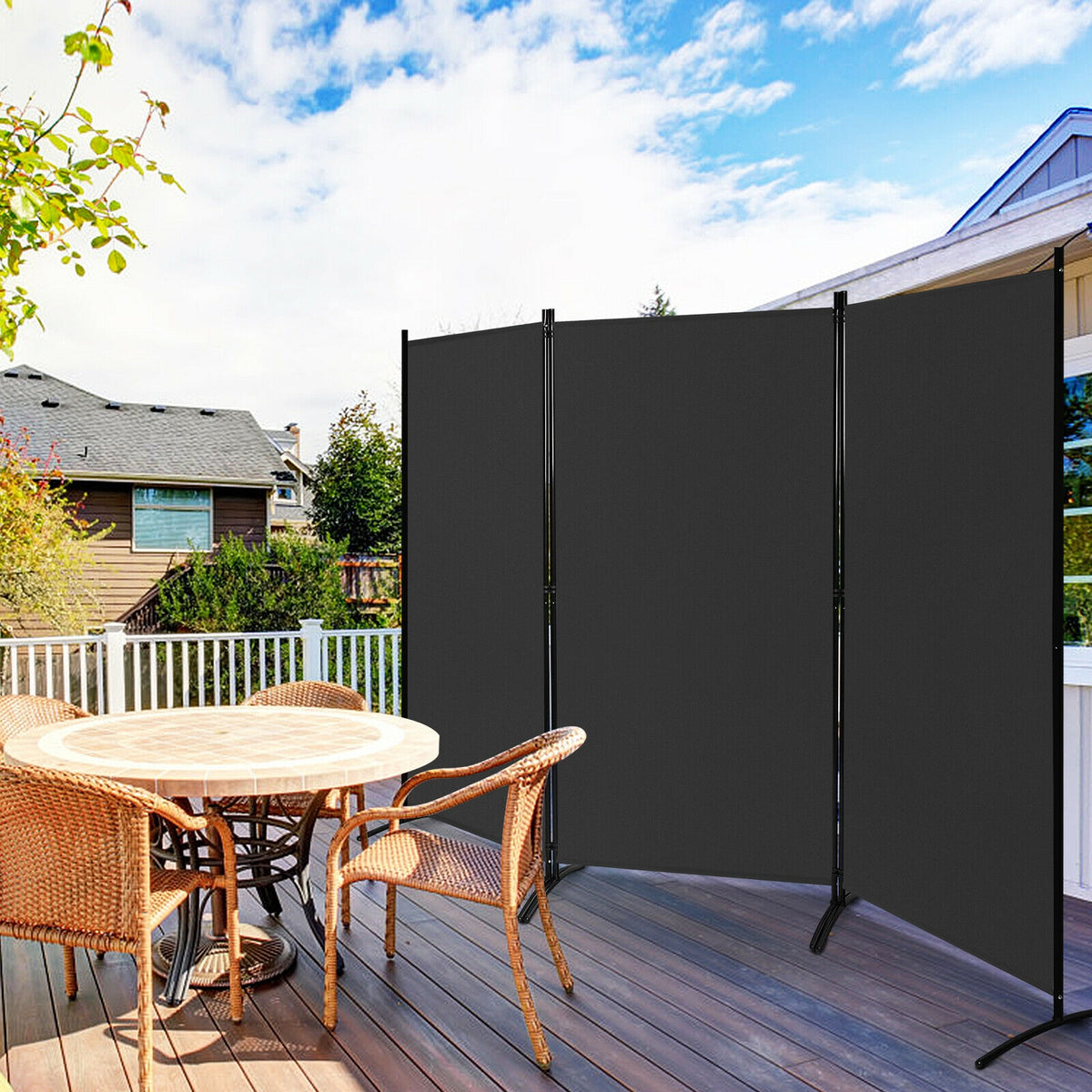 3 Panel Room Divider No Wheels Black - Foldable Privacy Screen with Steel Frame