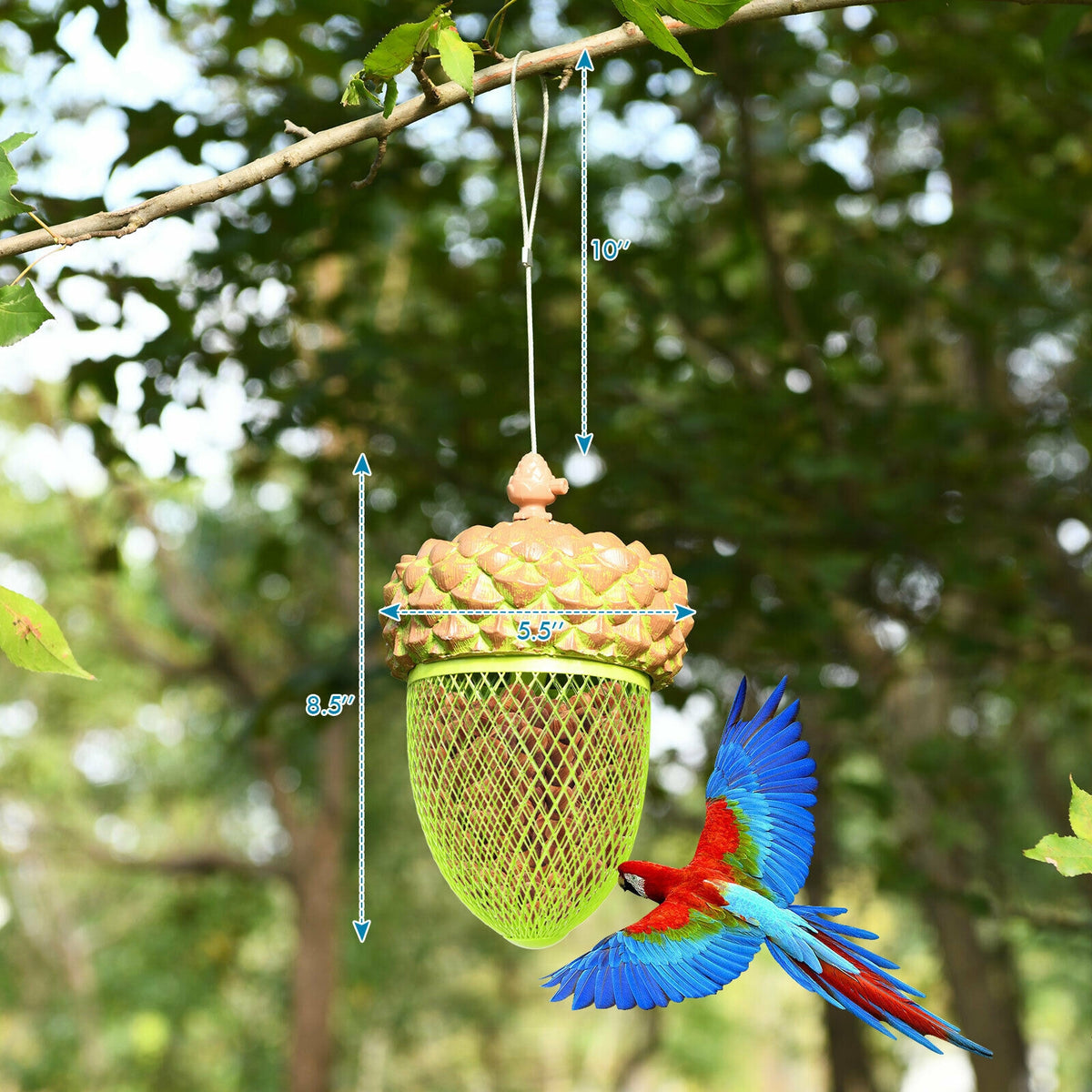 Metal Acorn Bird Feeder with Iron Mesh & Top Lid - Outdoor Hanging Food Dispenser, Brown