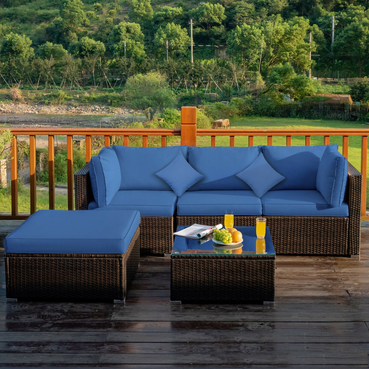 5 Pieces Outdoor Patio Rattan Furniture Set Sectional Conversation