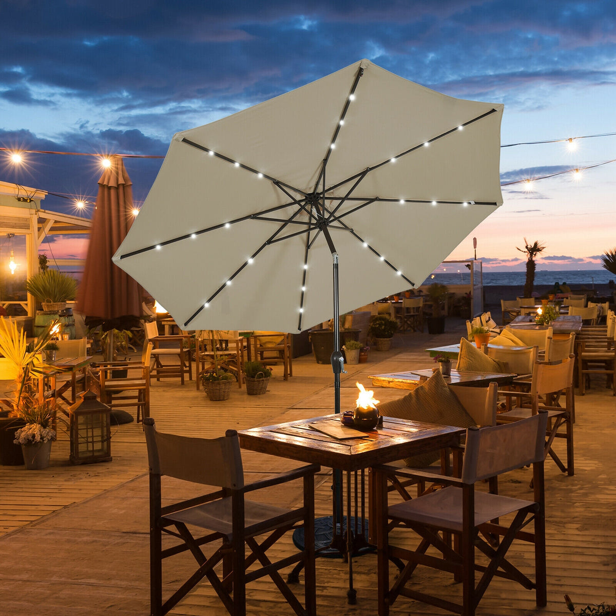10 FT Patio Umbrella with 24 Solar LED Lights - Tan
