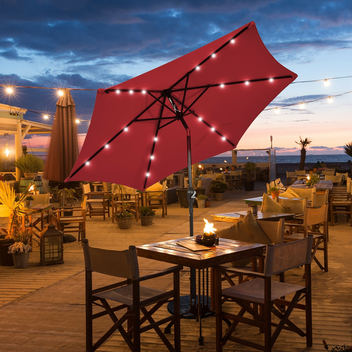 9 Feet Solar LED Lighted Patio Market Umbrella with Tilt Adjustment