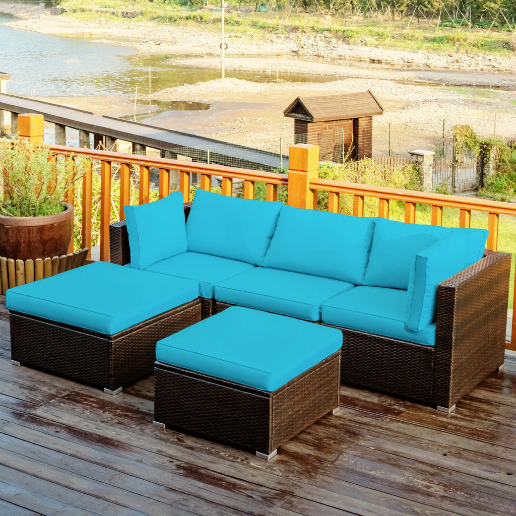 5-Piece Patio Sectional Sofa Set with Ottoman & Cushions - Blue