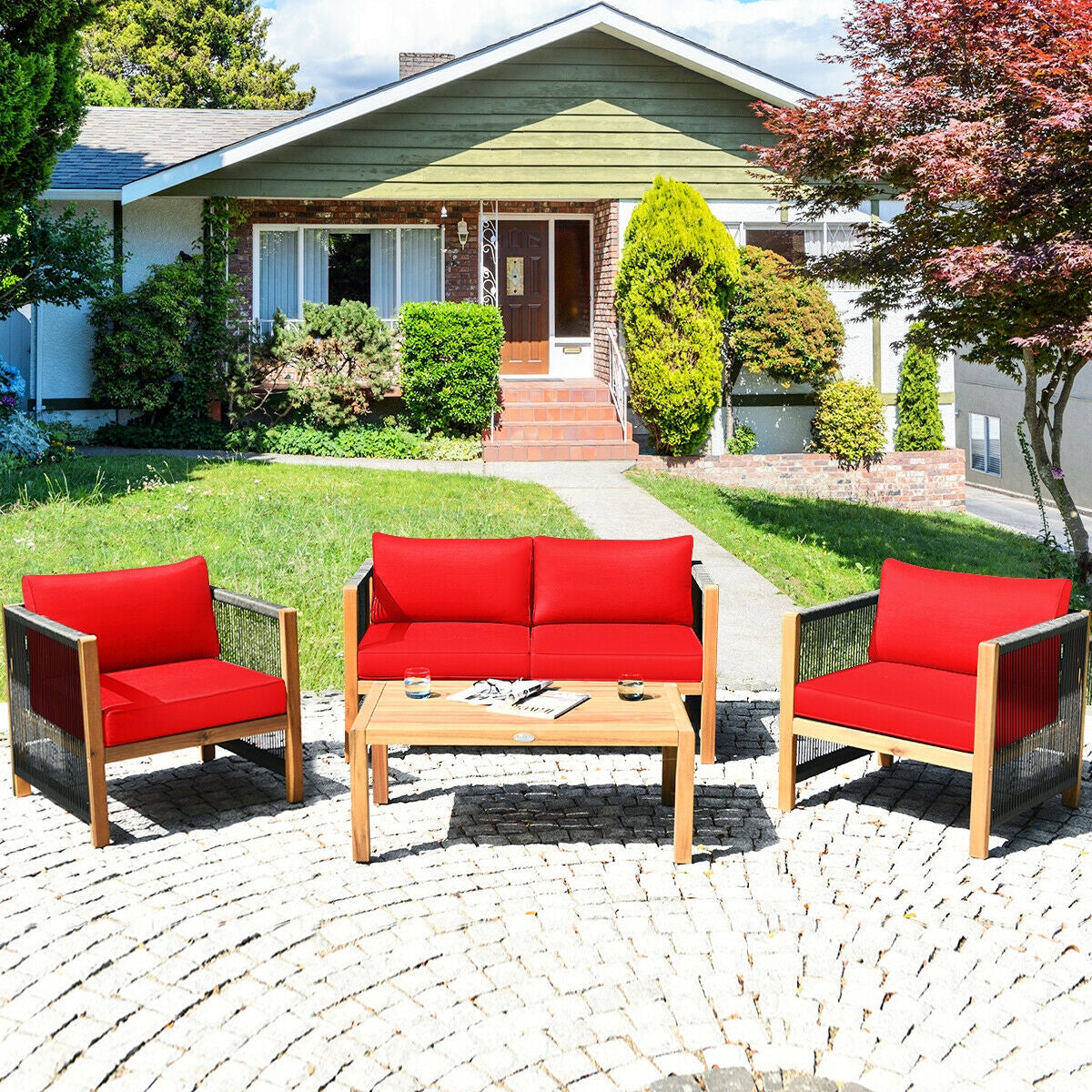 Acacia Wood Outdoor Sofa Set with Cushions - Red