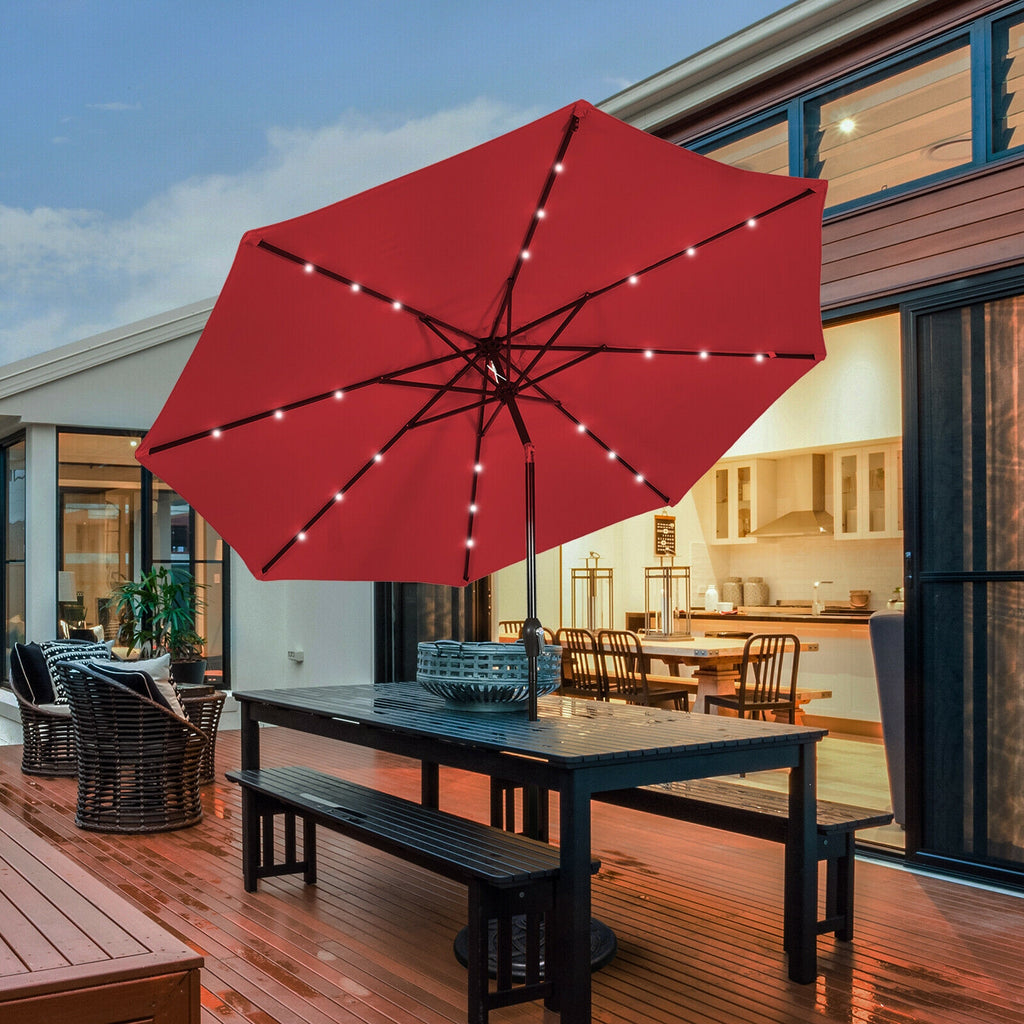 10 FT Patio Umbrella with Solar LED Lights - Dark Red