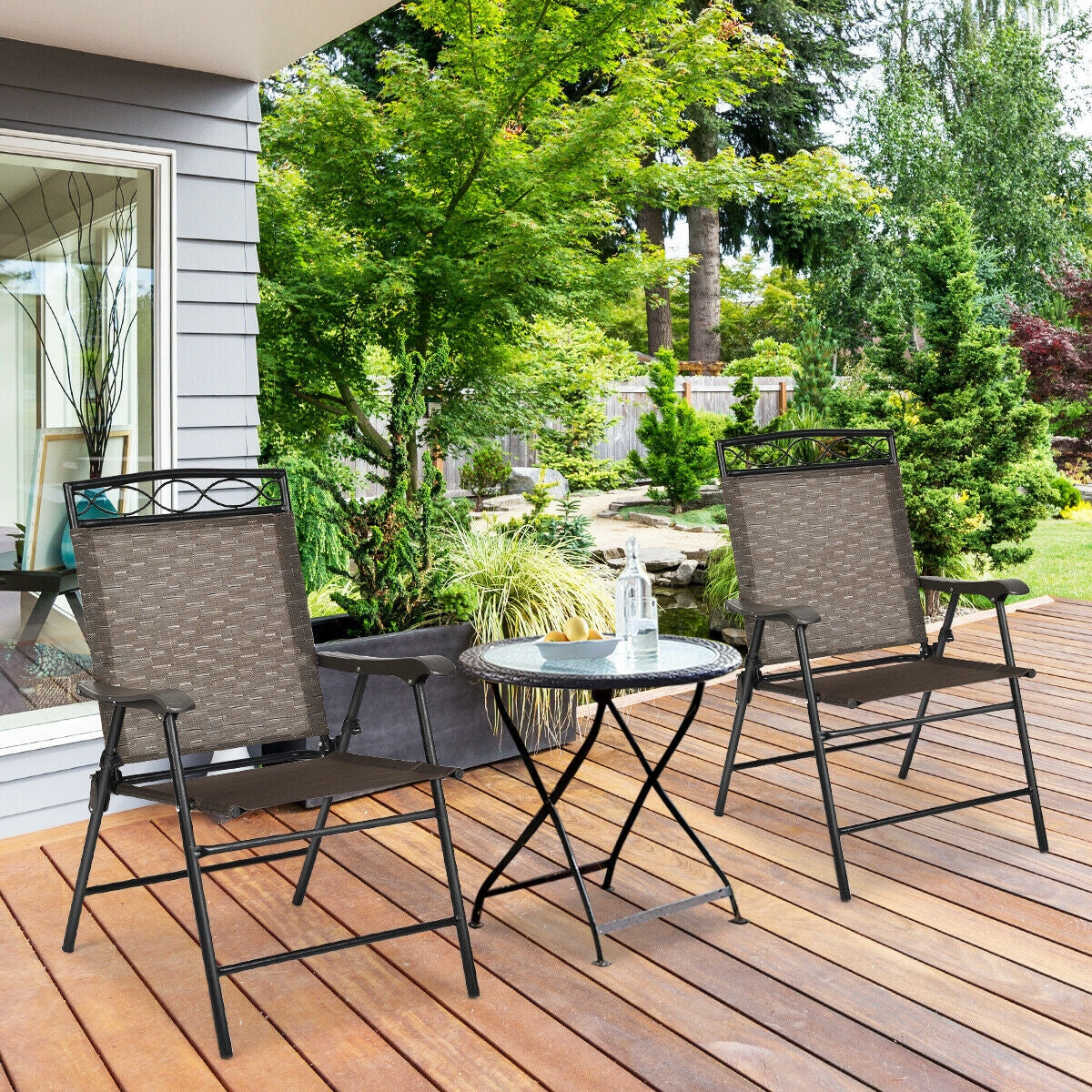 Set of 2 Patio Folding Chairs Sling Portable Dining Chair with Armrest