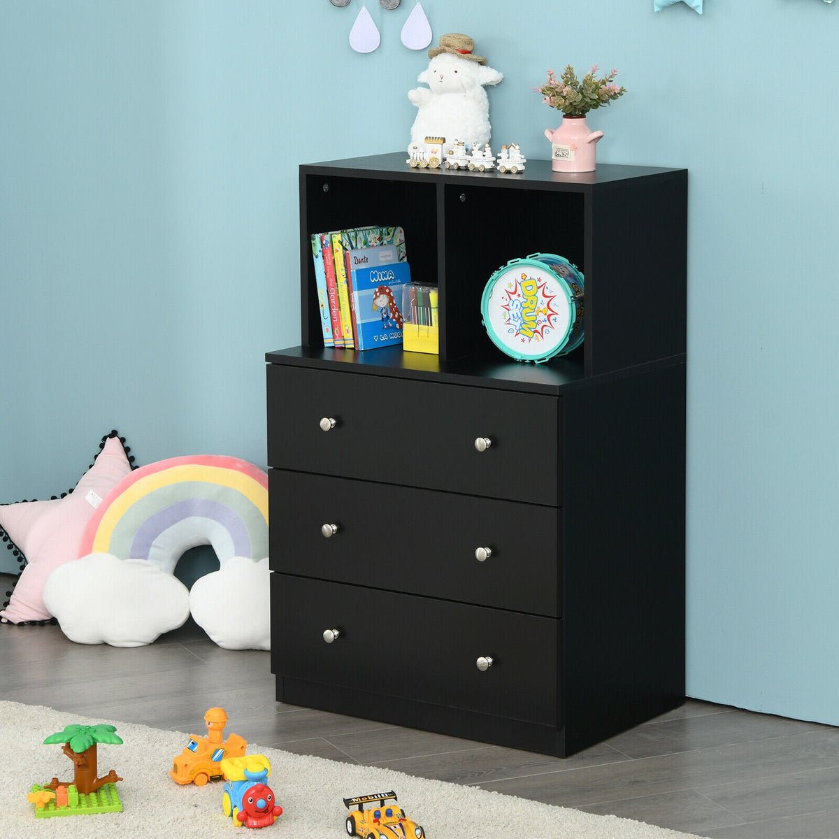 3 Drawer Dresser with Cubbies Storage Chest - Black