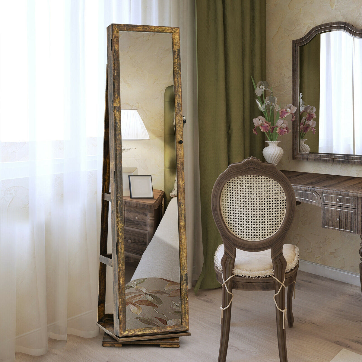 360° Rotatable Jewelry Cabinet with Mirror - Rustic Brown, 3 Shelves