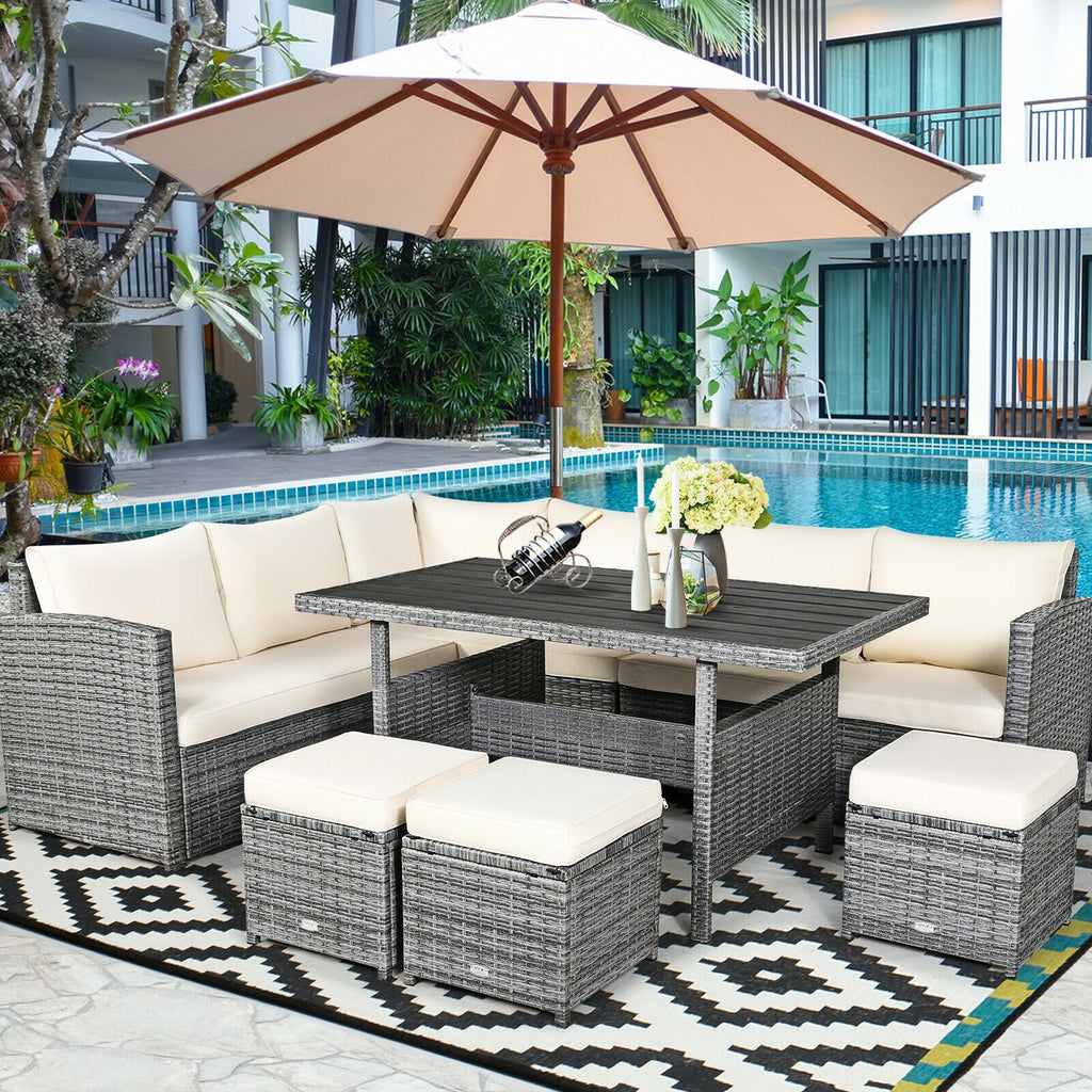 7-Piece Outdoor Wicker Sectional Sofa Set with Dining Table - Beige
