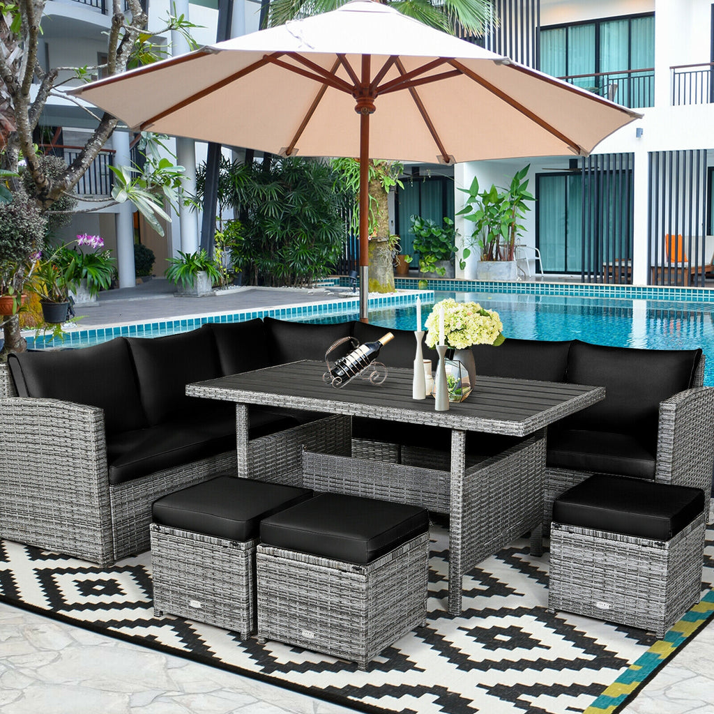 7-Piece Outdoor Wicker Sectional Sofa Set with Dining Table - Black