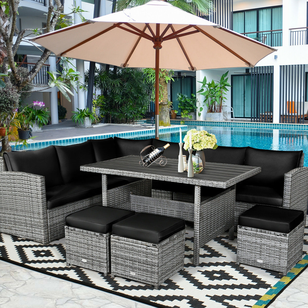 7-Piece Outdoor Wicker Sectional Sofa Set with Dining Table - Black