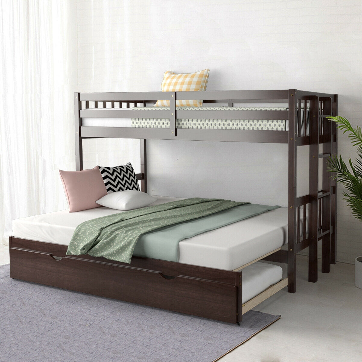 Twin Bunk Bed with Trundle & Wooden Ladder - Dark Brown