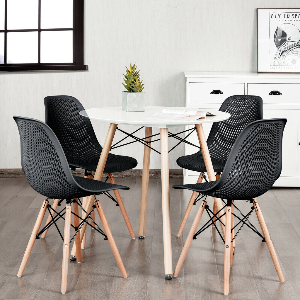 Modern Plastic Hollow Chair Set with Wood Legs - Black (4 Pack)