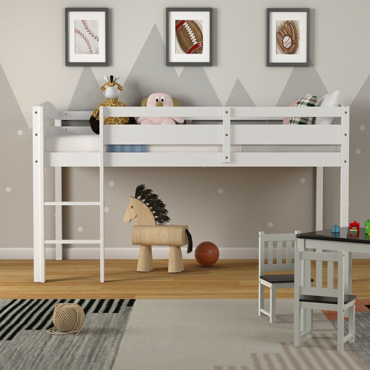 Twin Loft Bed with Guardrail and Ladder, White