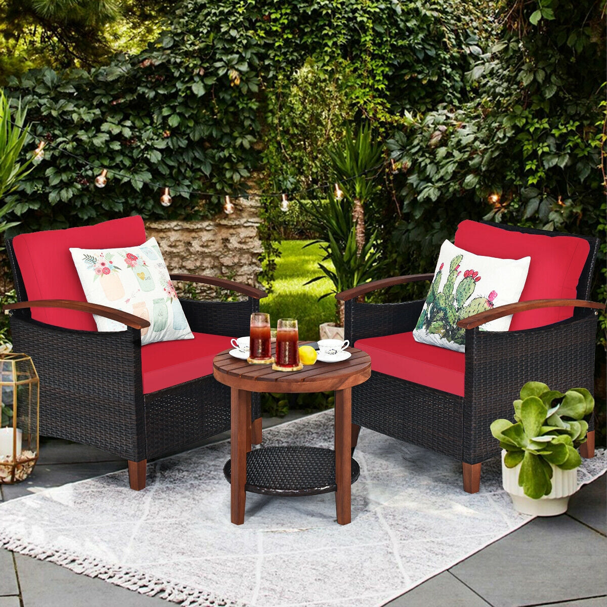 3-Piece Patio Wicker Furniture Set with Cushions - Turquoise