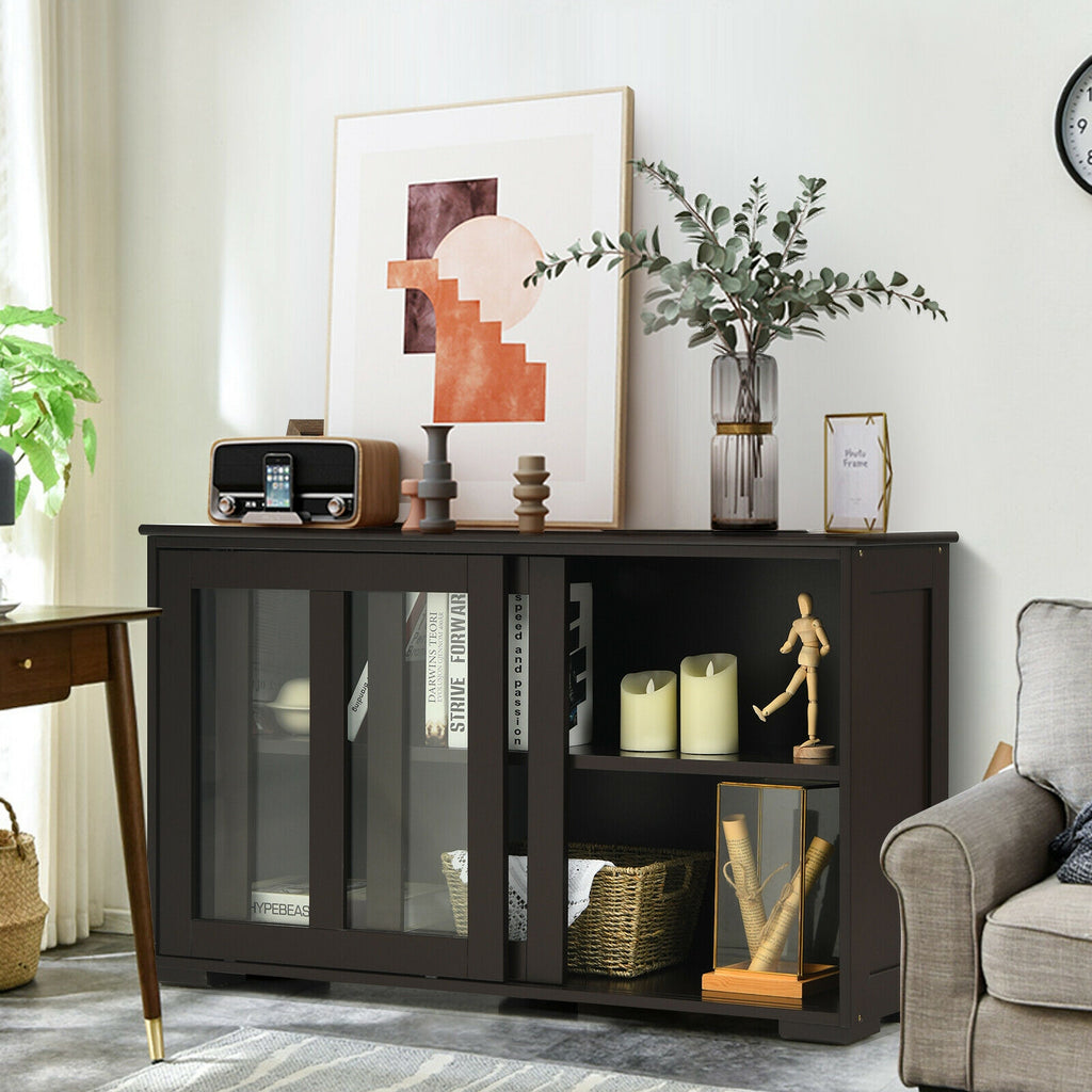 Sideboard Buffet Storage Cabinet Sliding Glass Door - Brown