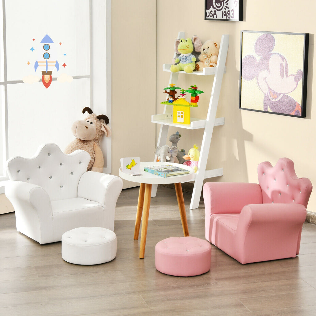 Children Upholstered Princess Sofa with Ottoman - White, Safe & Comfortable
