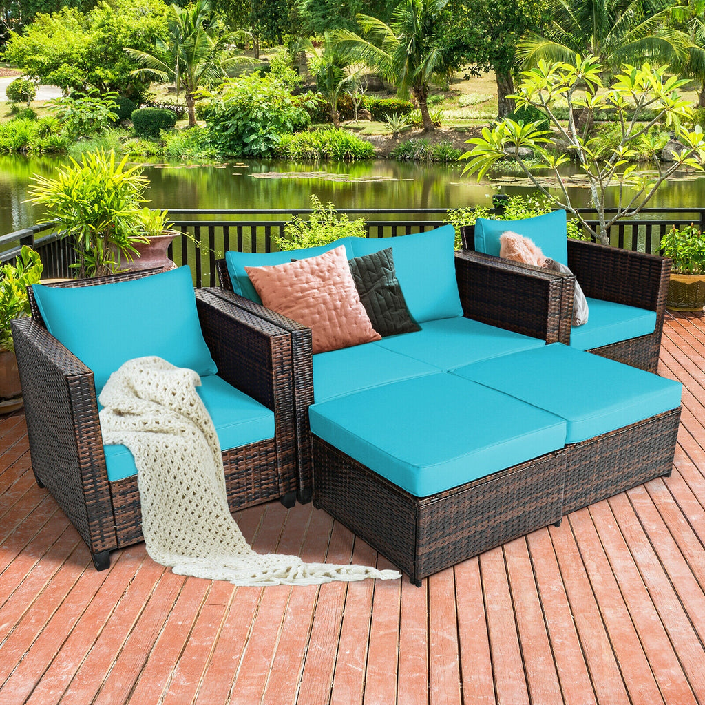 5-Piece Patio Rattan Furniture Set with Cushions - Turquoise