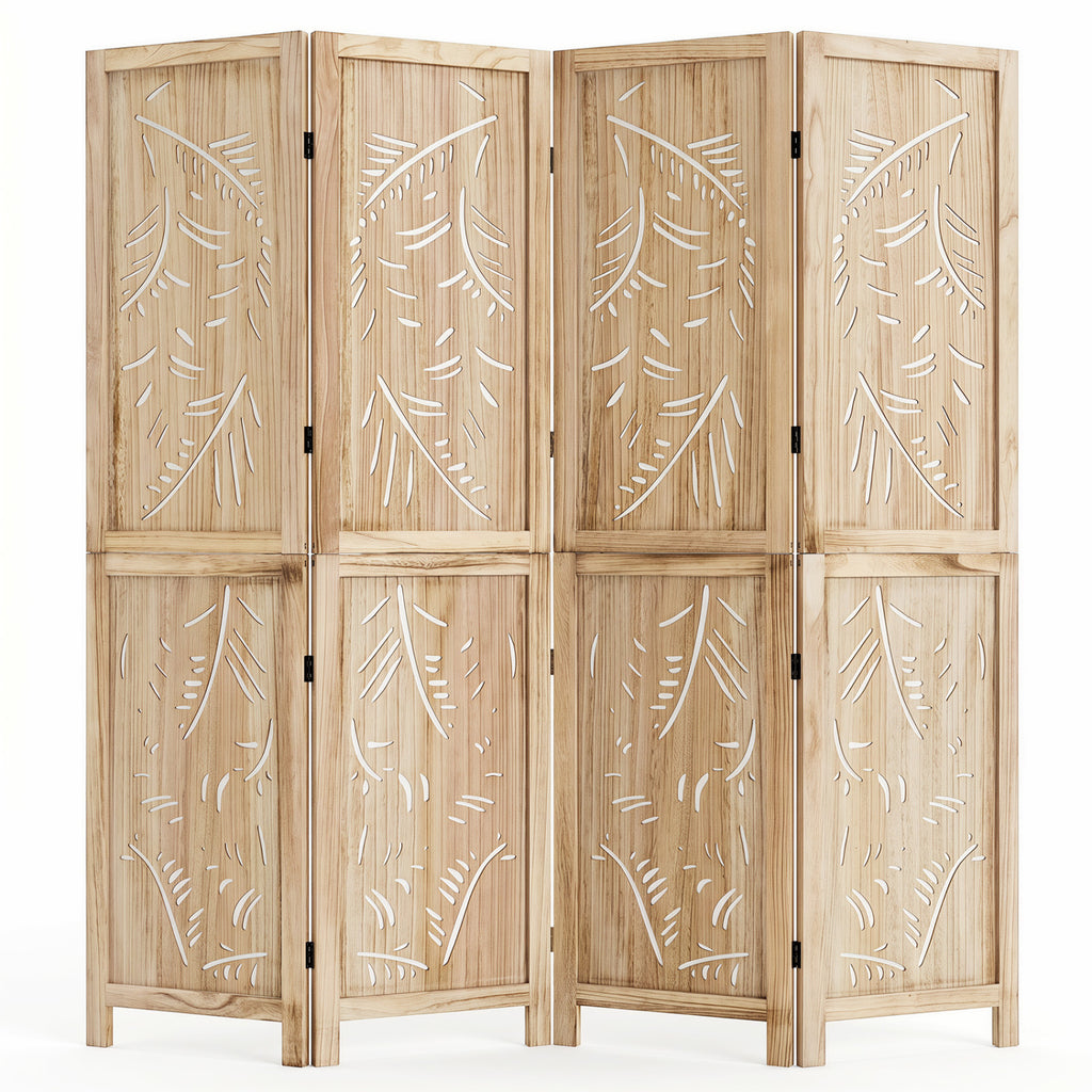 4-Panel Wooden Room Divider with Palm Leaf Design & Paulownia Frame - Costway