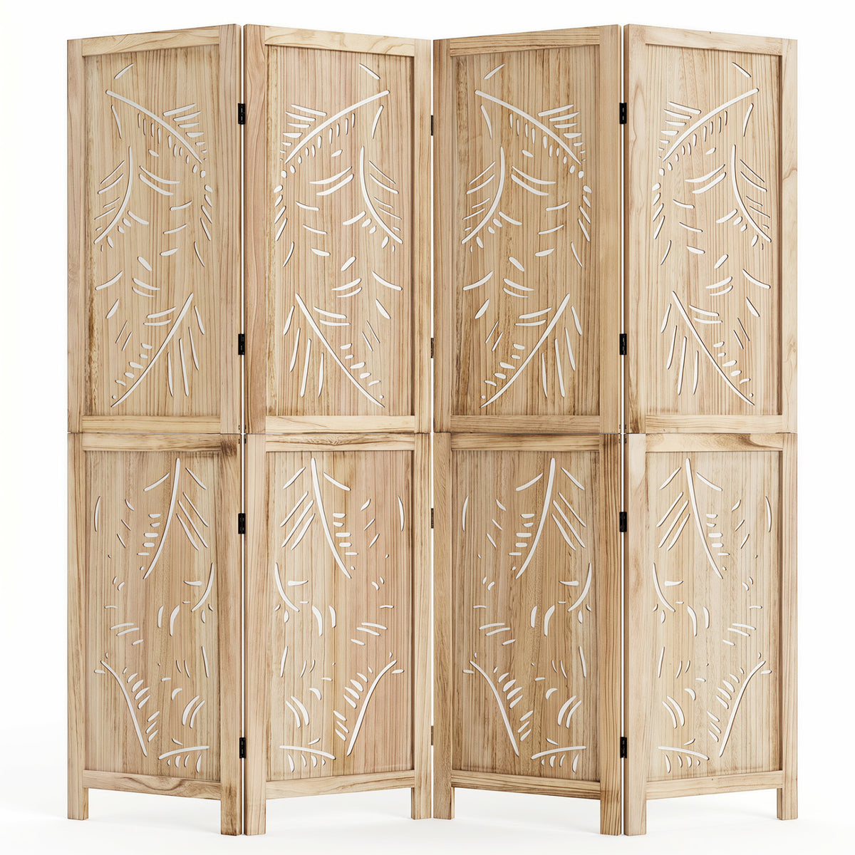4-Panel Wooden Room Divider with Palm Leaf Design & Paulownia Frame - Costway