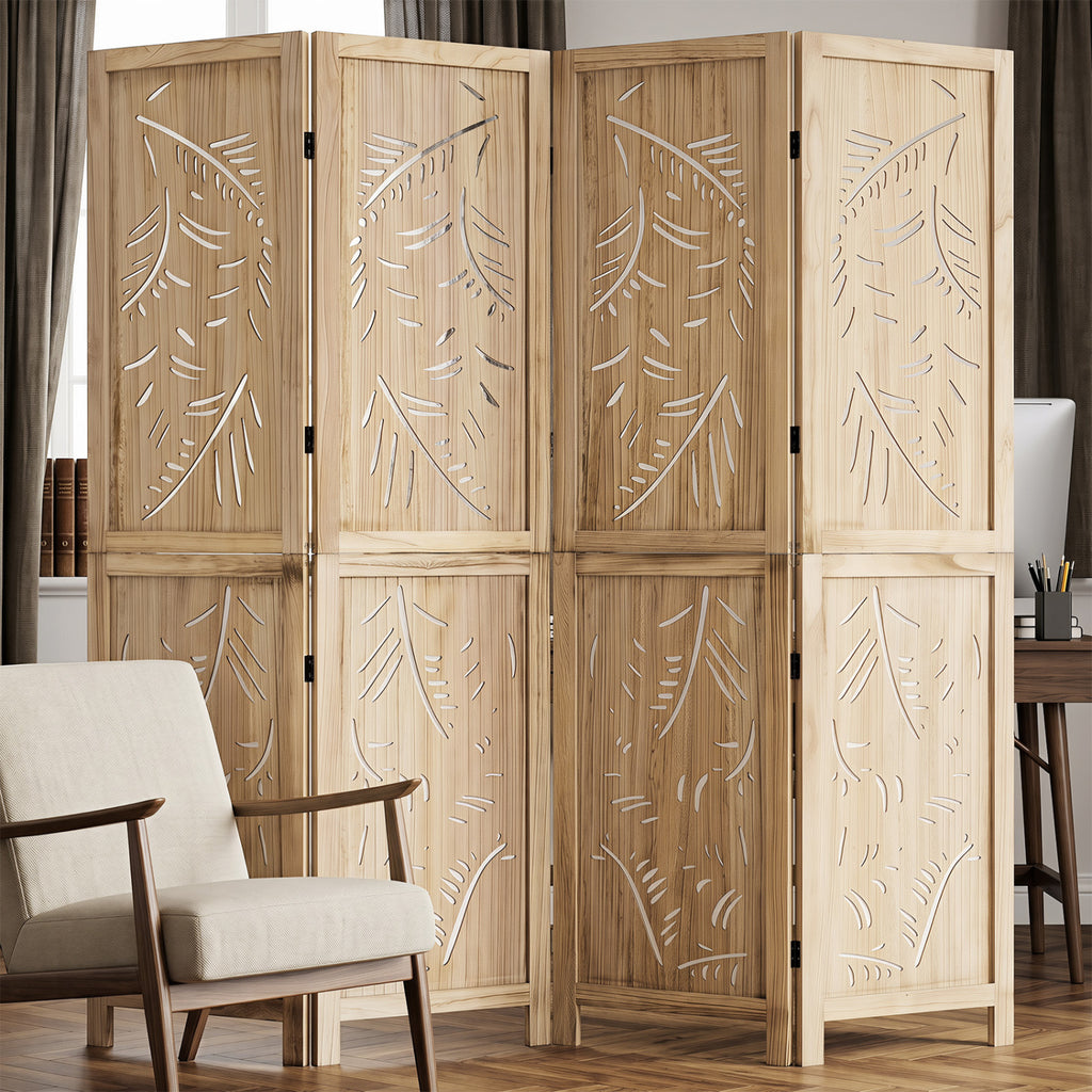 4-Panel Wooden Room Divider with Palm Leaf Design & Paulownia Frame - Costway