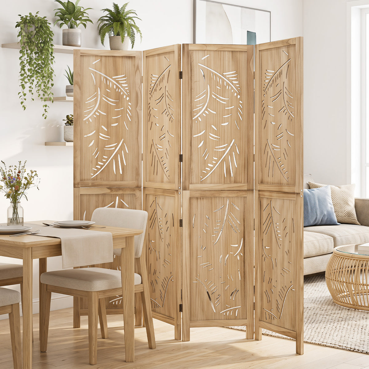 4-Panel Wooden Room Divider with Palm Leaf Design & Paulownia Frame - Costway